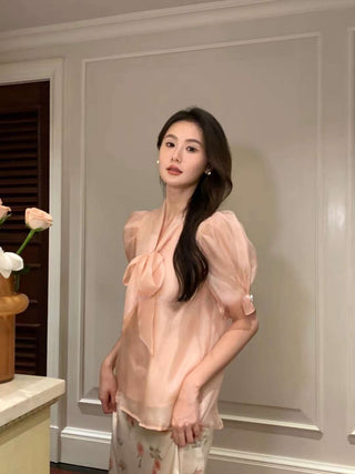 Neck Bow Puffed Sleeve Shirt